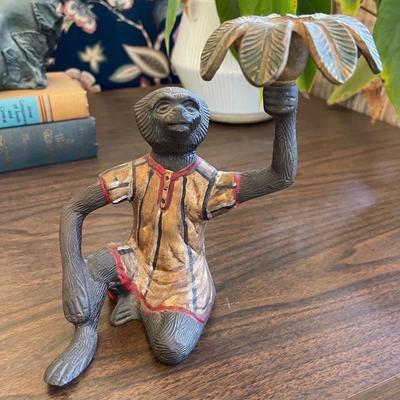 Vintage Bombay Co Cast Iron Sitting Monkey Candlestick Candle Holder Palm Tree