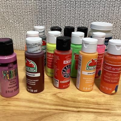 Craft paints- the ones inside the container appear to be full, the ones outside the container are partially full