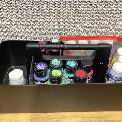 Craft paints- the ones inside the container appear to be full, the ones outside the container are partially full