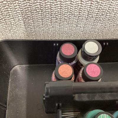 Craft paints- the ones inside the container appear to be full, the ones outside the container are partially full