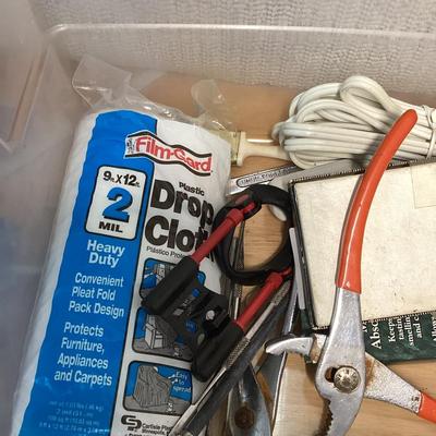 caulk gun, paint brushes, drop cloth and other items