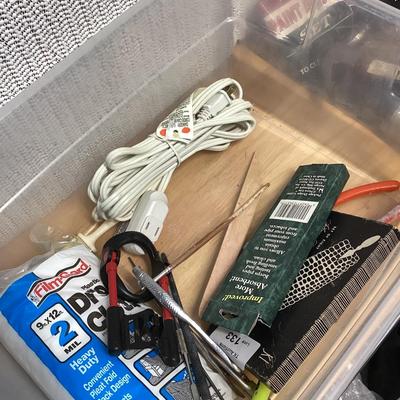 caulk gun, paint brushes, drop cloth and other items