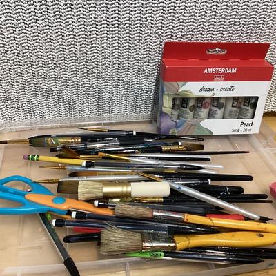 container of paints, brushes etc., see all photos.