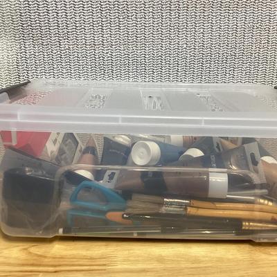 container of paints, brushes etc., see all photos.