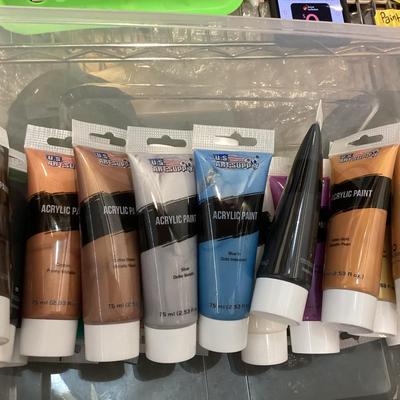 container of paints, brushes etc., see all photos.