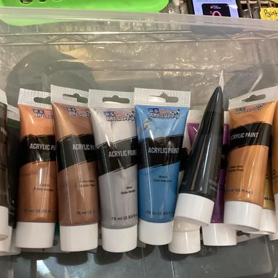 container of paints, brushes etc., see all photos.