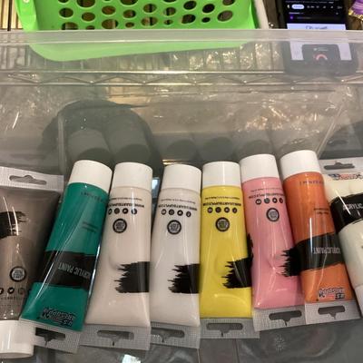 container of paints, brushes etc., see all photos.