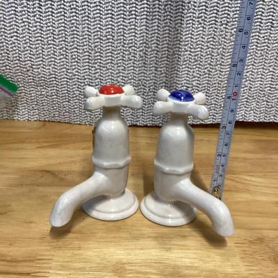 Vintage ceramic hot and cold faucet salt and pepper shakers