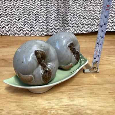 Ceramic apple salt and pepper shakers with leaf tray