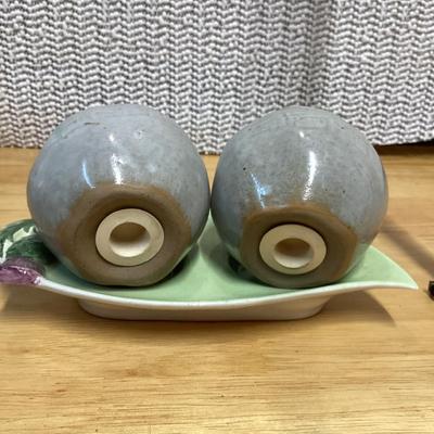 Ceramic apple salt and pepper shakers with leaf tray