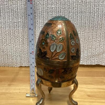 vintage enameled solid brass cloisonné egg trinket box with a stand. 