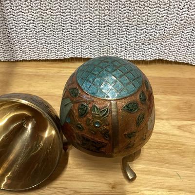 vintage enameled solid brass cloisonné egg trinket box with a stand. 