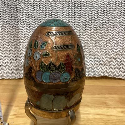 vintage enameled solid brass cloisonné egg trinket box with a stand. 
