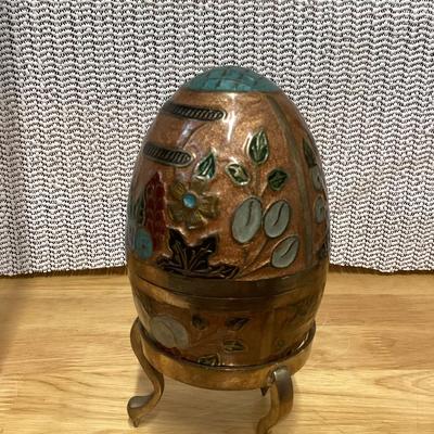 vintage enameled solid brass cloisonné egg trinket box with a stand. 