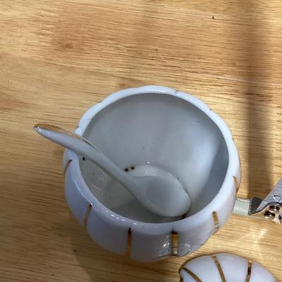 Vintage Mid Century Lidded Condiment Bowl Jar Product Small Porcelain sugar bowl with a spoon