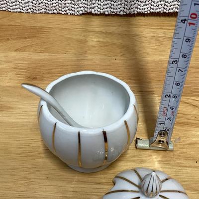 Vintage Mid Century Lidded Condiment Bowl Jar Product Small Porcelain sugar bowl with a spoon