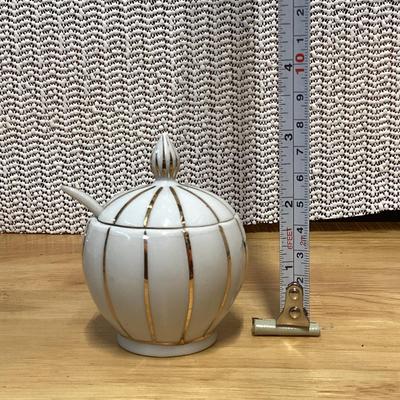 Vintage Mid Century Lidded Condiment Bowl Jar Product Small Porcelain sugar bowl with a spoon