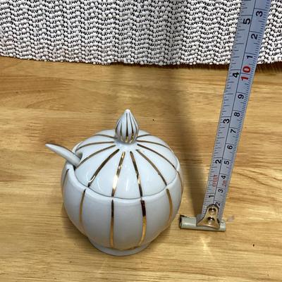 Vintage Mid Century Lidded Condiment Bowl Jar Product Small Porcelain sugar bowl with a spoon