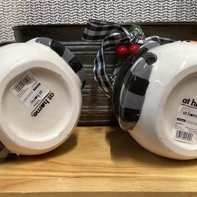 ceramic snowman mugs and metal tin