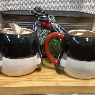 ceramic snowman mugs and metal tin
