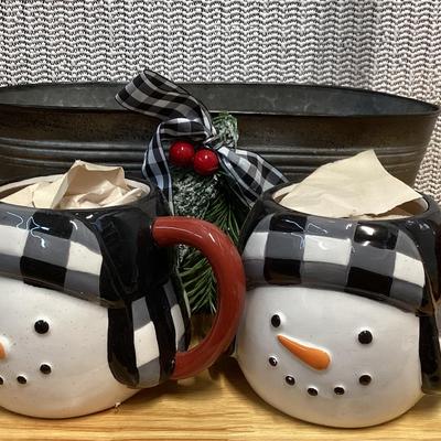 ceramic snowman mugs and metal tin