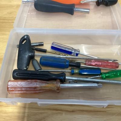screwdrivers and misc. small tools in a storage box.