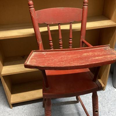 antique wooden high chair with swivel tray
