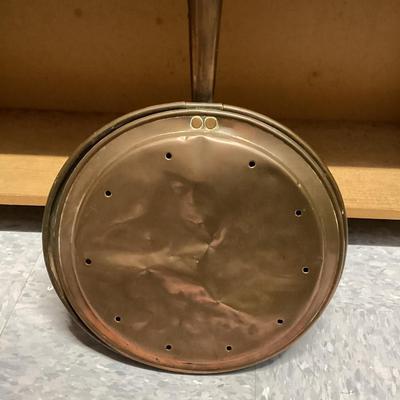Antique brass and copper bed warmer with wooden handle- end of handle has some damage