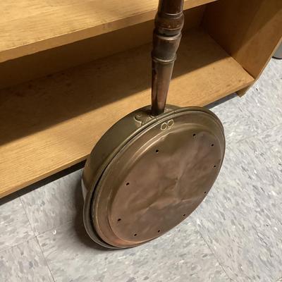 Antique brass and copper bed warmer with wooden handle- end of handle has some damage