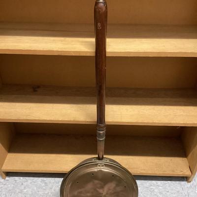 Antique brass and copper bed warmer with wooden handle- end of handle has some damage