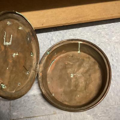 Antique brass and copper bed warmer with wooden handle- end of handle has some damage