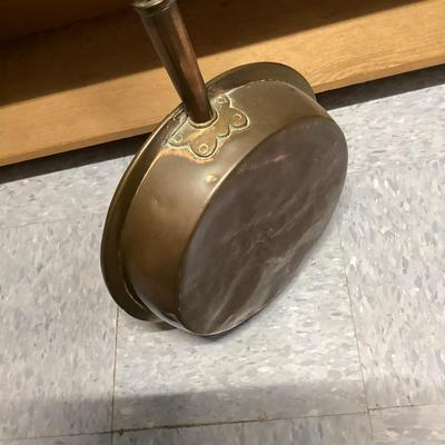 Antique brass and copper bed warmer with wooden handle- end of handle has some damage
