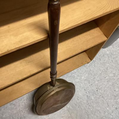 Antique brass and copper bed warmer with wooden handle- end of handle has some damage