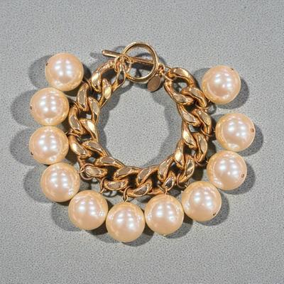 Sale Photo Thumbnail #21: Chunky Gold Tone Chain Necklace and Bracelet Jewelry Set Featuring Large Dangling Faux Pearls
Necklace approximately  16" long    Bracelet approximately 7" long