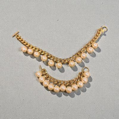 Sale Photo Thumbnail #23: Chunky Gold Tone Chain Necklace and Bracelet Jewelry Set Featuring Large Dangling Faux Pearls
Necklace approximately  16" long    Bracelet approximately 7" long