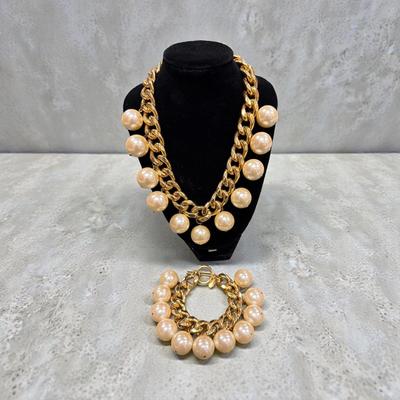 Sale Photo Thumbnail #22: Chunky Gold Tone Chain Necklace and Bracelet Jewelry Set Featuring Large Dangling Faux Pearls
Necklace approximately  16" long    Bracelet approximately 7" long