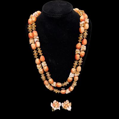 Sale Photo Thumbnail #34: Vintage Faux Coral Glass Beaded Necklace and Clip on Earring Set