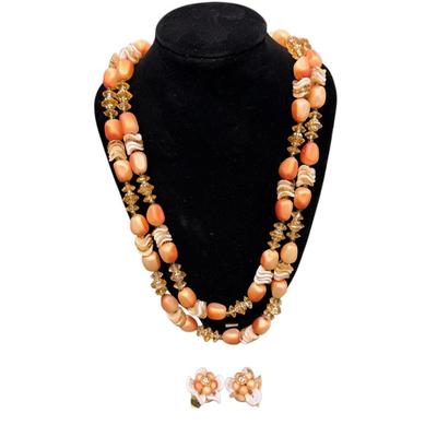 Sale Photo Thumbnail #35: Vintage Faux Coral Glass Beaded Necklace and Clip on Earring Set