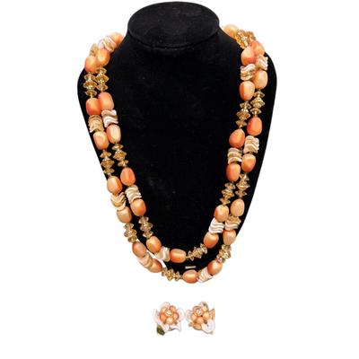 Sale Photo Thumbnail #32: Vintage Faux Coral Glass Beaded Necklace and Clip on Earring Set