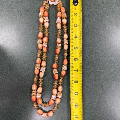 Sale Photo Thumbnail #36: Vintage Faux Coral Glass Beaded Necklace and Clip on Earring Set