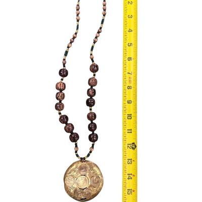 Sale Photo Thumbnail #51: Vintage Beaded Necklace with A Large Ornate Replica Coin Medallion Pendant.  Screw Latch
See Photo for size