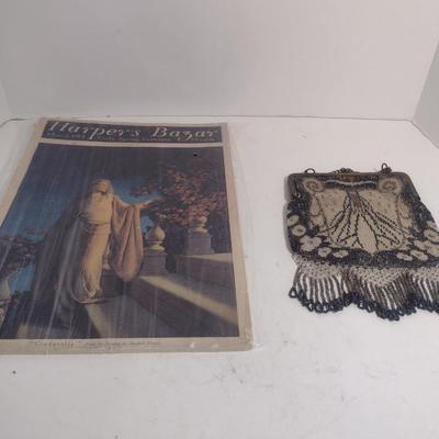 Vintage Beaded Bag and Antique Issue of Harper's Bazar Fashion Magazine (March 1914)