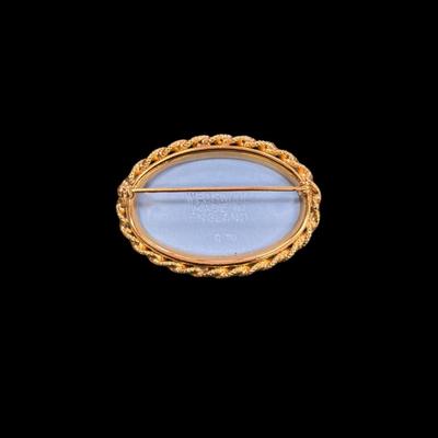 Sale Photo Thumbnail #65: Vintage Wedgwood Jasperware Cameo Brooch in Pale Blue and White Color with Raised Relief Scene Set in a gold tone frame.  Includes Box