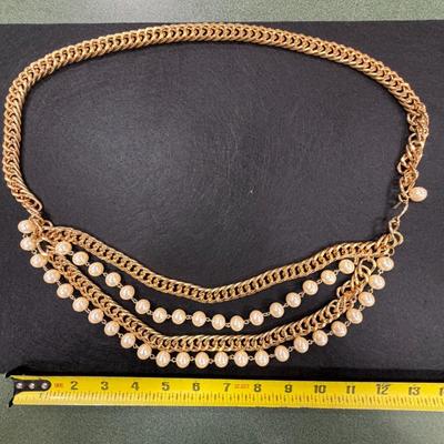 Sale Photo Thumbnail #76: Vintage Multi Layered Gold tone Chain Belt with Faux Pearls