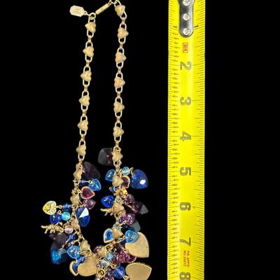 Sale Photo Thumbnail #78: Vintage Cluster Charm Bib Necklace With Faceted Glass Hearts and Beads with Aurora Borealis Finish  By Pididdly Link Kingston, NY