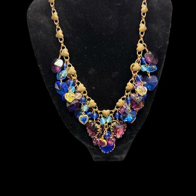 Sale Photo Thumbnail #79: Vintage Cluster Charm Bib Necklace With Faceted Glass Hearts and Beads with Aurora Borealis Finish  By Pididdly Link Kingston, NY