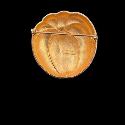 Sale Photo Thumbnail #110: Vintage Corocraft Tomato Rhinestone Pin Brooch.  Also known as the Pomme d'Or (Golden Apple) Brooch