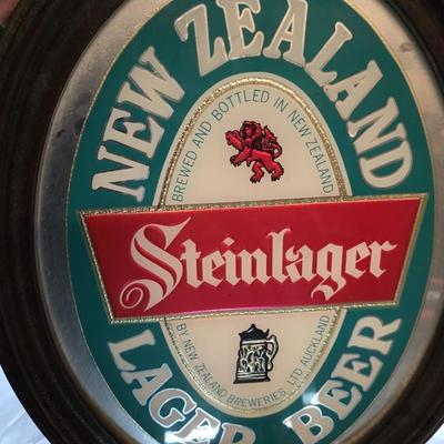 Vintage Steinlager New Zealand Lager Beer Oval Mirror Sign in Wood Frame – Bar Decor