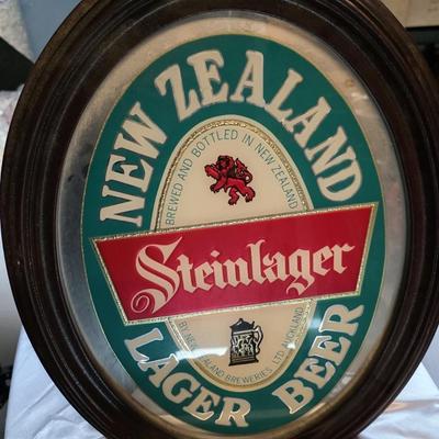Vintage Steinlager New Zealand Lager Beer Oval Mirror Sign in Wood Frame – Bar Decor
