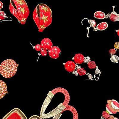 Sale Photo Thumbnail #161: Assorted Lot of Red and Gold Toned Costume Earrings and One Brooch